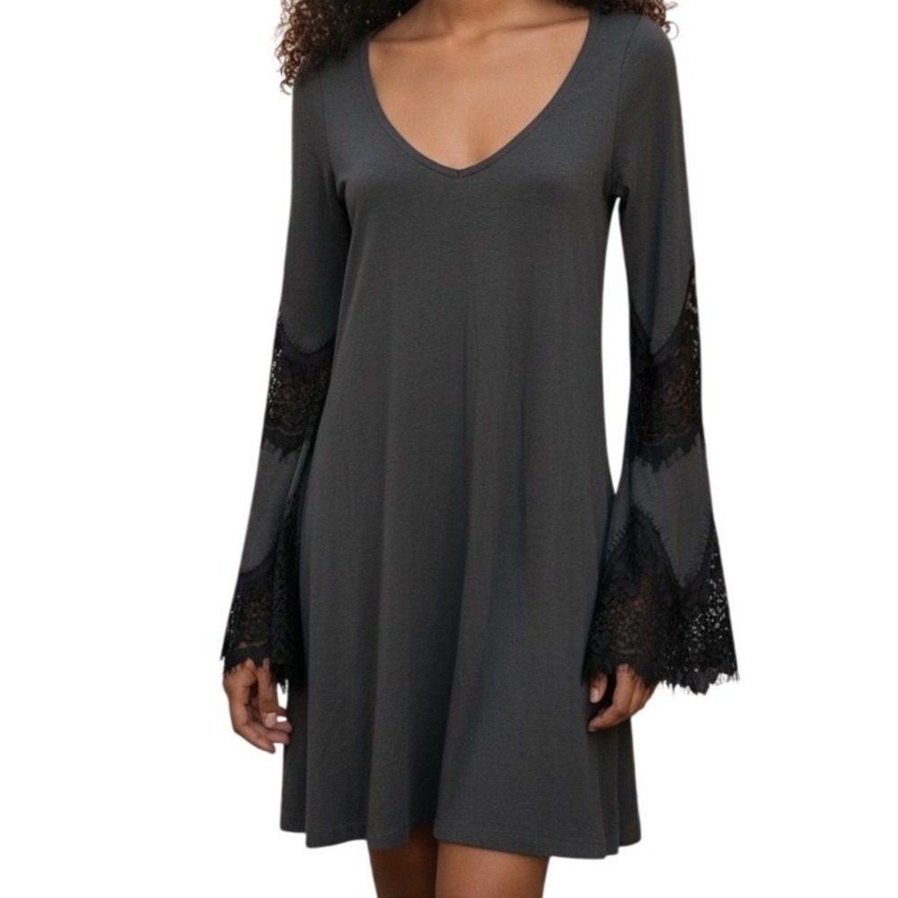 EXPRESS Charcoal Gray Bell Sleeve Lace Inset Swing Dress‎ NWT Size XS